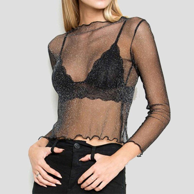 GLITTERY SHEER CROP TOP - BLACK