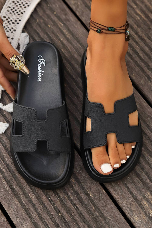 CUTOUT DESIGN OPEN TOE PLATFORM SANDALS - BLACK
