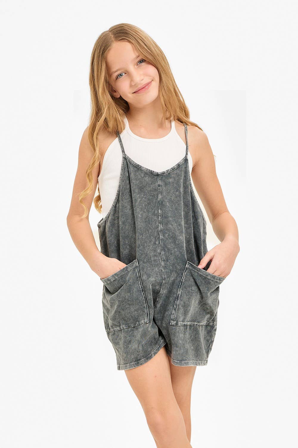 Two Pocket Mineral Wash Overall Romper / Onesie: Denim Blue / XL