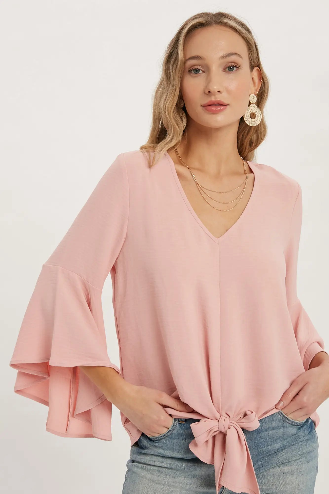 FRONT-TIE BLOUSE WITH BELL SLEEVES - BLUSH