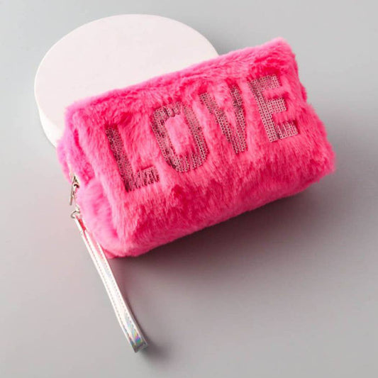 LOVE SEQUINS LETTER FURRY COSMETIC BAG
