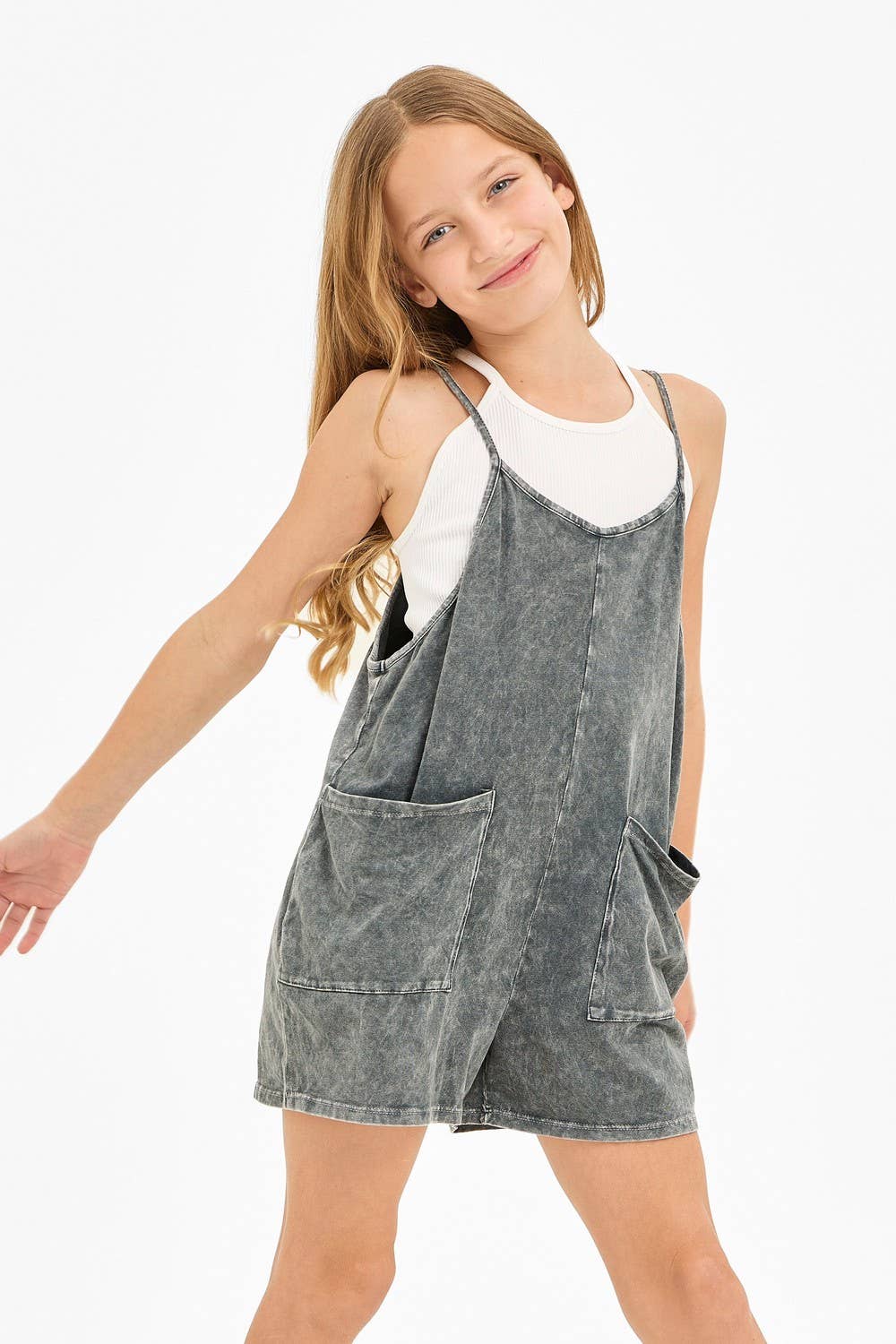 Two Pocket Mineral Wash Overall Romper / Onesie: Denim Blue / XL