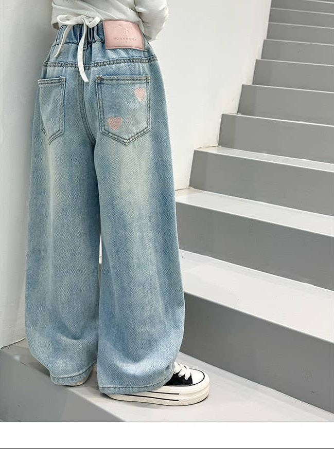 HEART EMBROIDERY WIDE LEG JEANS