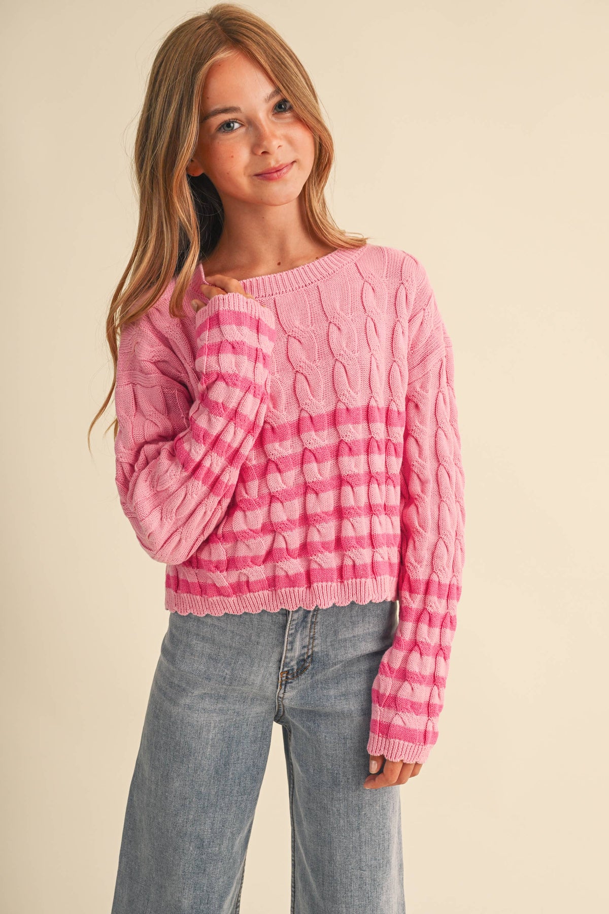 TWEEN GIRLS KIDS CABLE KNIT BOXY CROPPED PULLOVER (7/14): Pink / 9/10