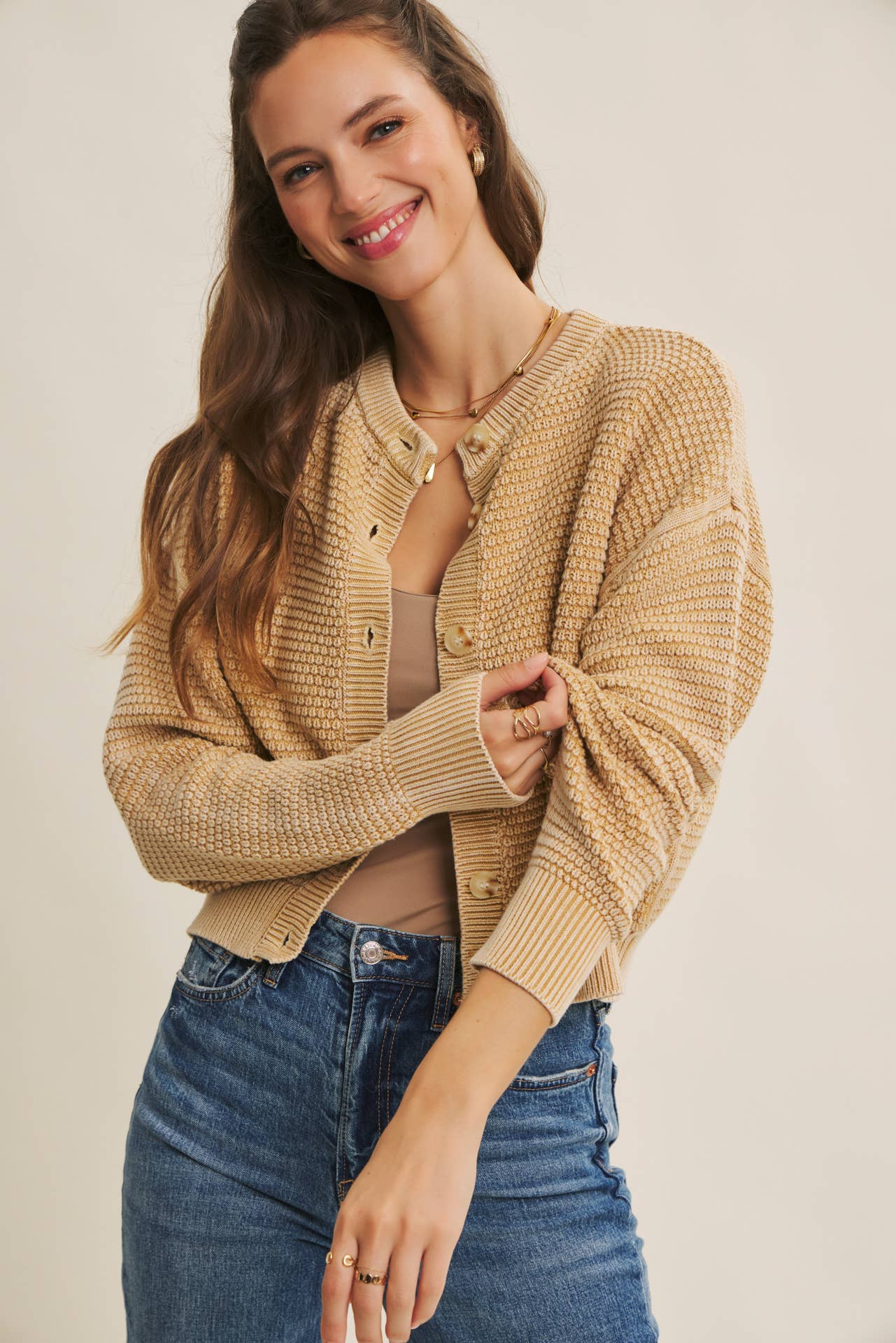 PERFECT FOR ANY SEASON MINERAL-WASHED CABLE KNIT CARDIGAN: PALE MAUVE / S