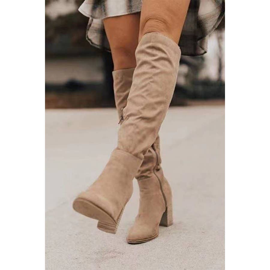 SUEDE CHUNKY HEEL KNIGHT BOOTS - KHAKI