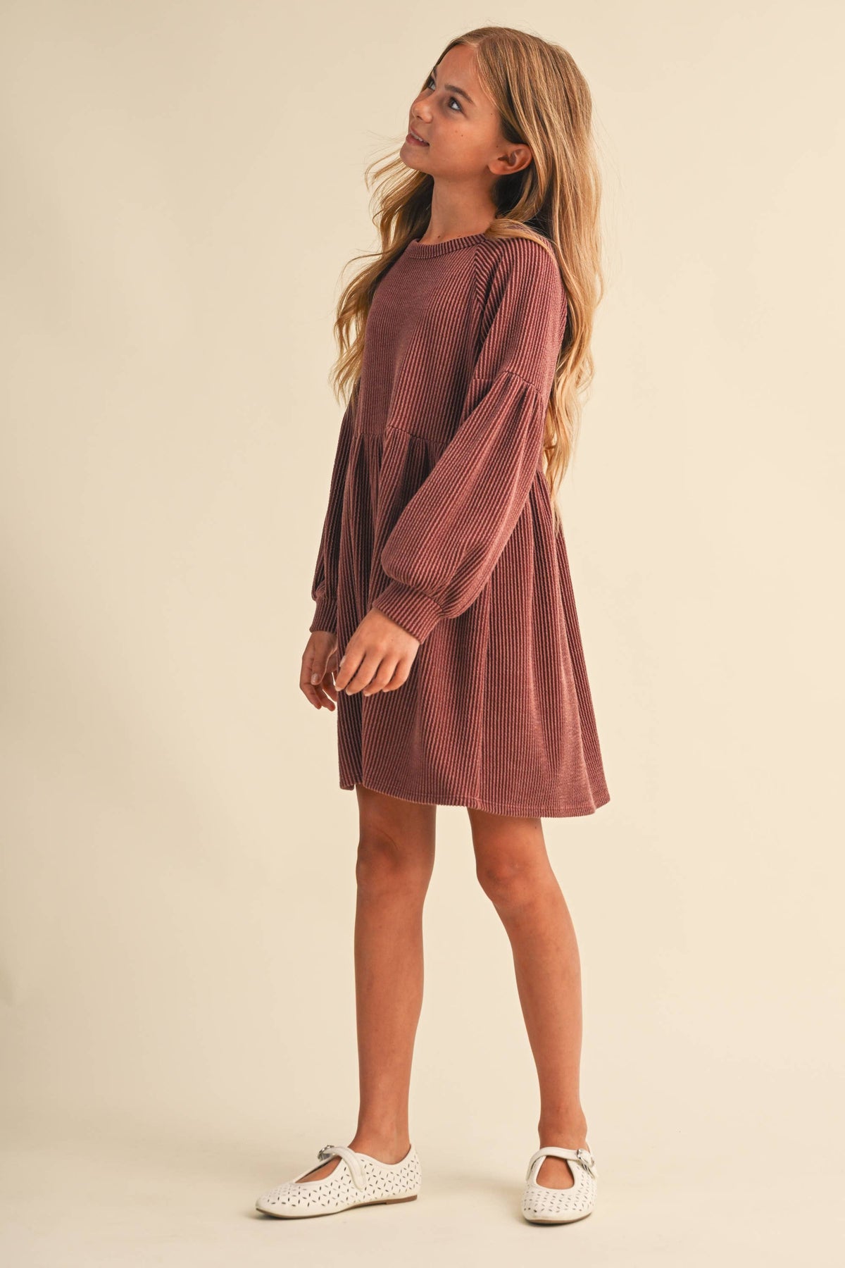 TWEEN KIDS GIRLS BABYDOLL KNIT DRESS (7-14): RAISIN / 13/14