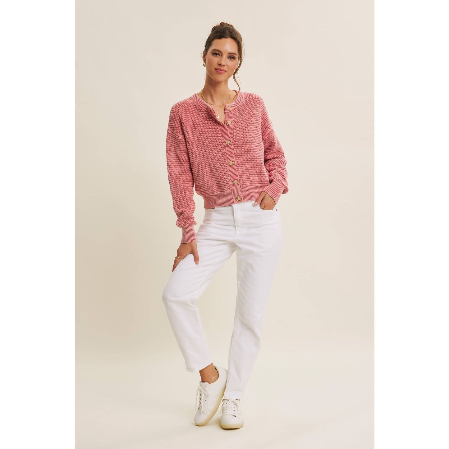 PERFECT FOR ANY SEASON MINERAL-WASHED CABLE KNIT CARDIGAN: PALE MAUVE / S