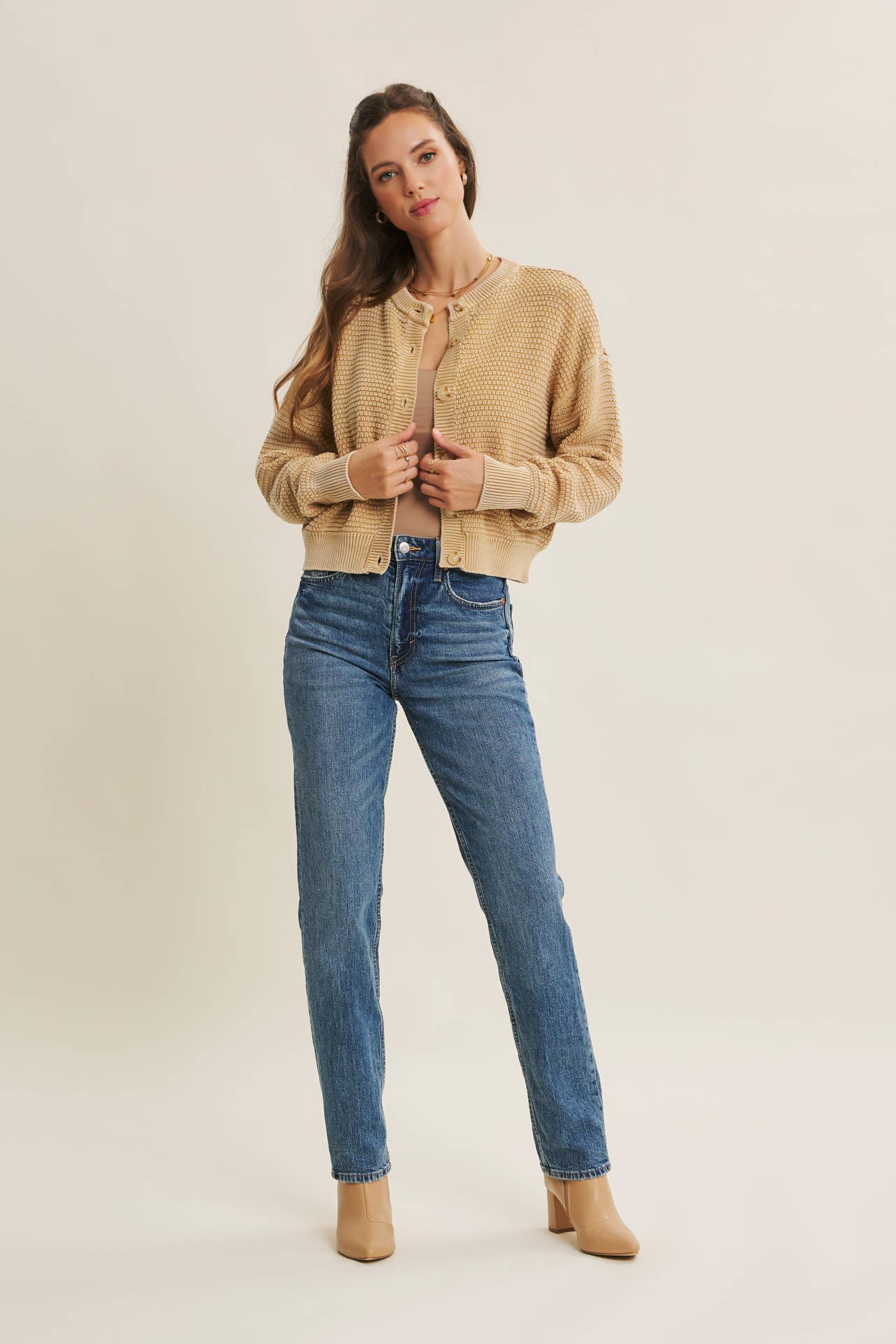 PERFECT FOR ANY SEASON MINERAL-WASHED CABLE KNIT CARDIGAN: PALE MAUVE / S