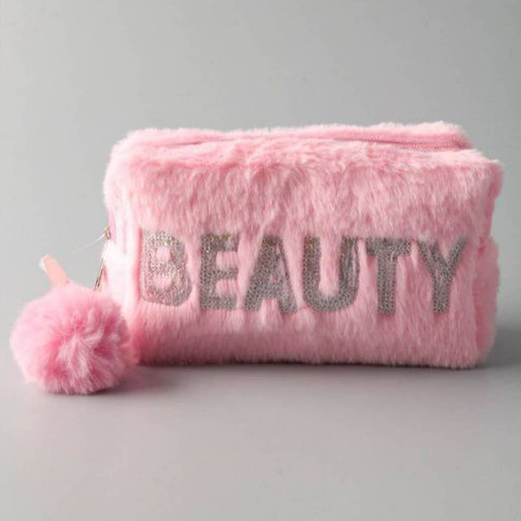 BEAUTY SEQUINS FURRY COSMETIC BAG