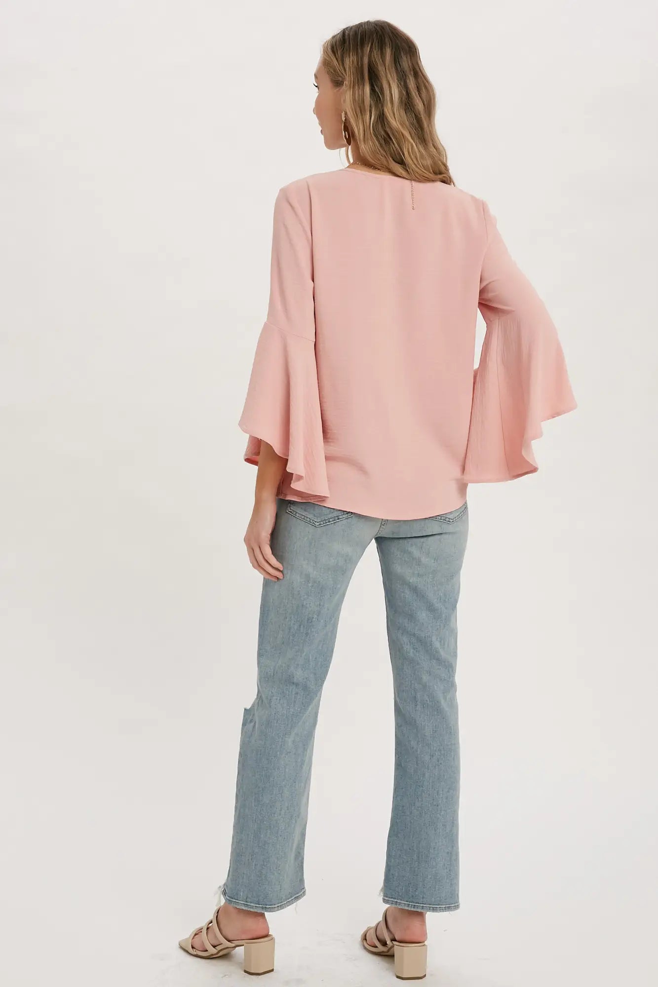 FRONT-TIE BLOUSE WITH BELL SLEEVES - BLUSH