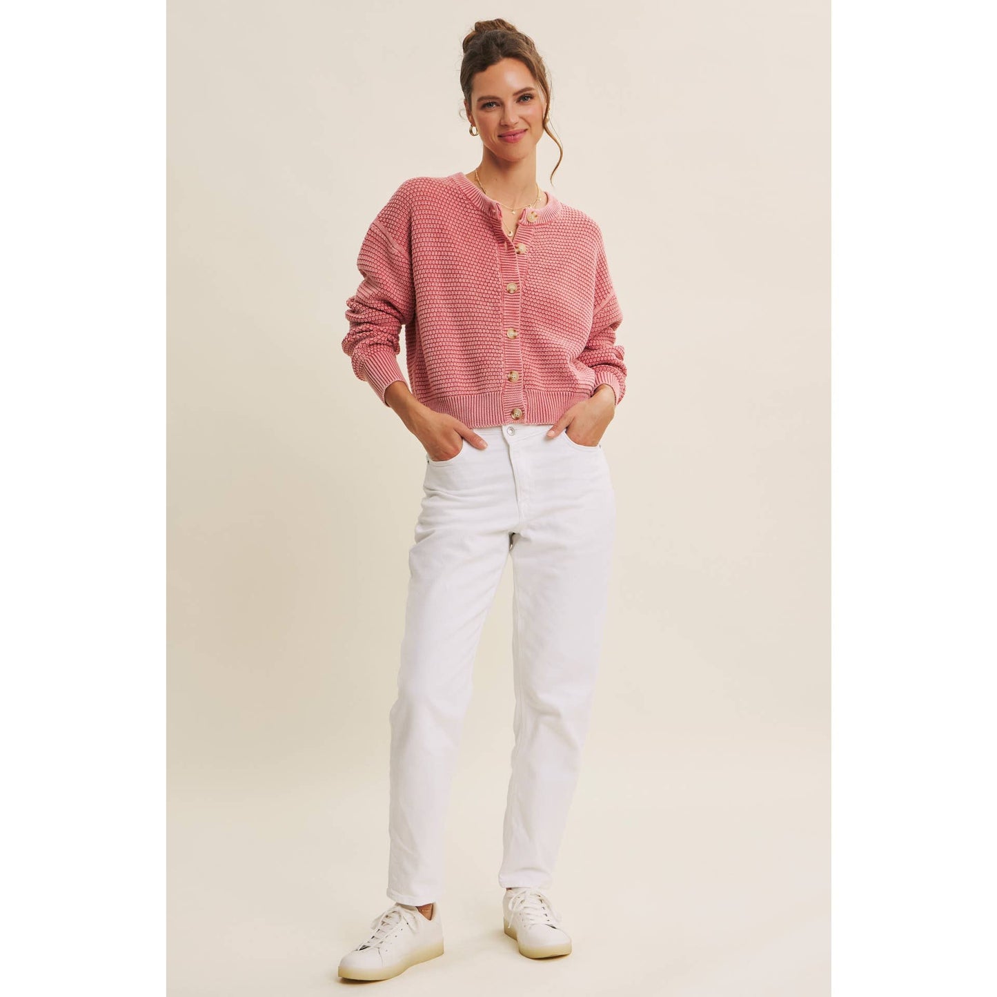 PERFECT FOR ANY SEASON MINERAL-WASHED CABLE KNIT CARDIGAN: PALE MAUVE / S