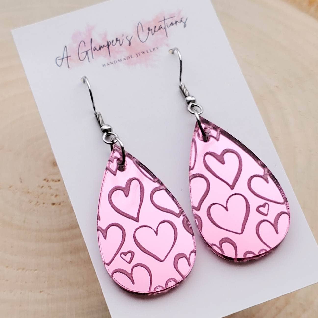 PINK MIRROR HEART TEARDROPS EARRINGS