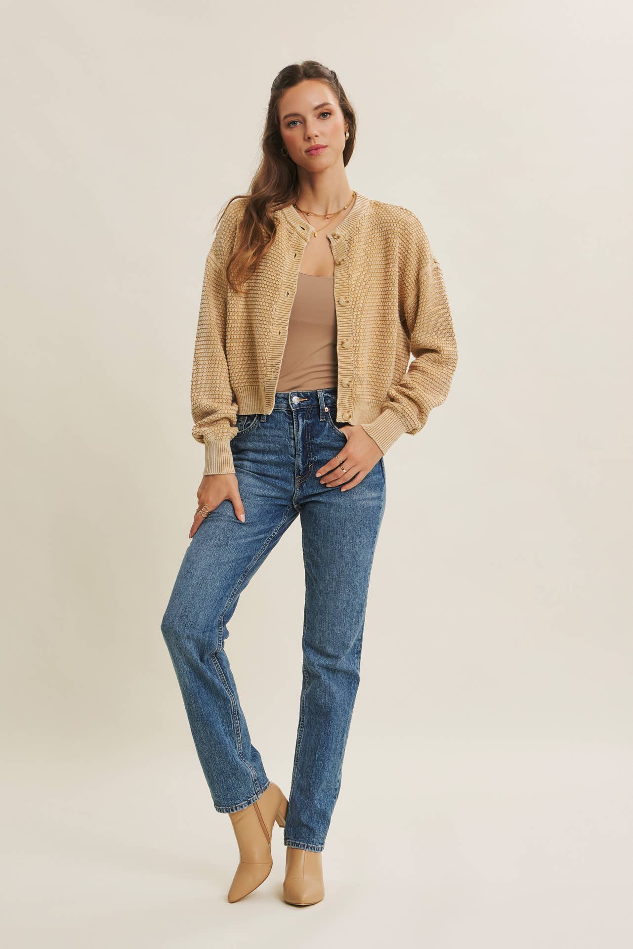 PERFECT FOR ANY SEASON MINERAL-WASHED CABLE KNIT CARDIGAN: PALE MAUVE / S