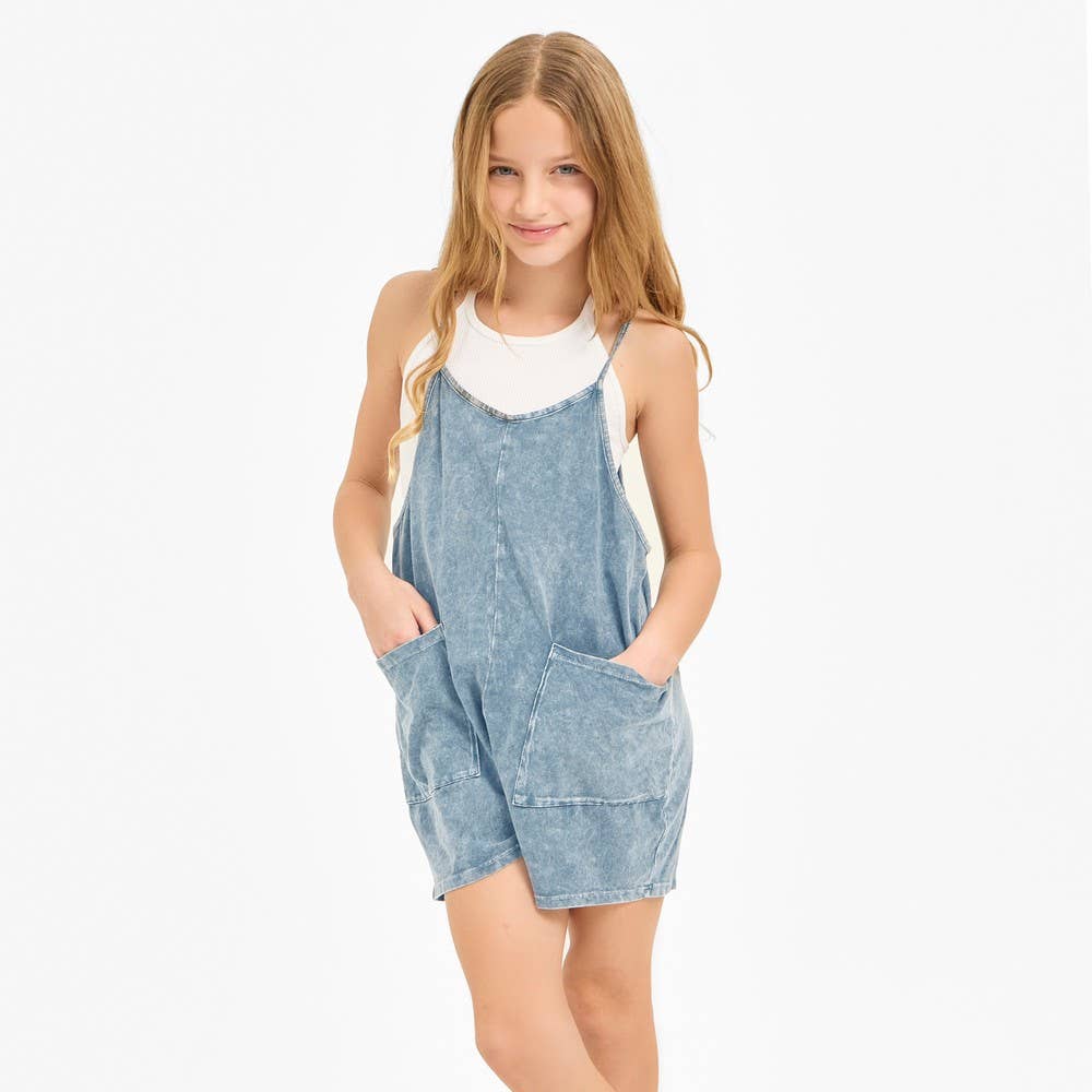 Two Pocket Mineral Wash Overall Romper / Onesie: Denim Blue / XL