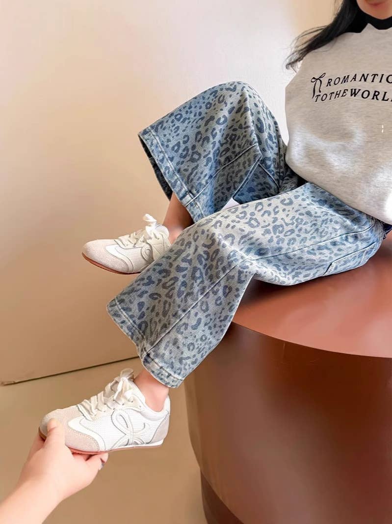 BLUE LEOPARD PRINT WIDE LEG JEANS