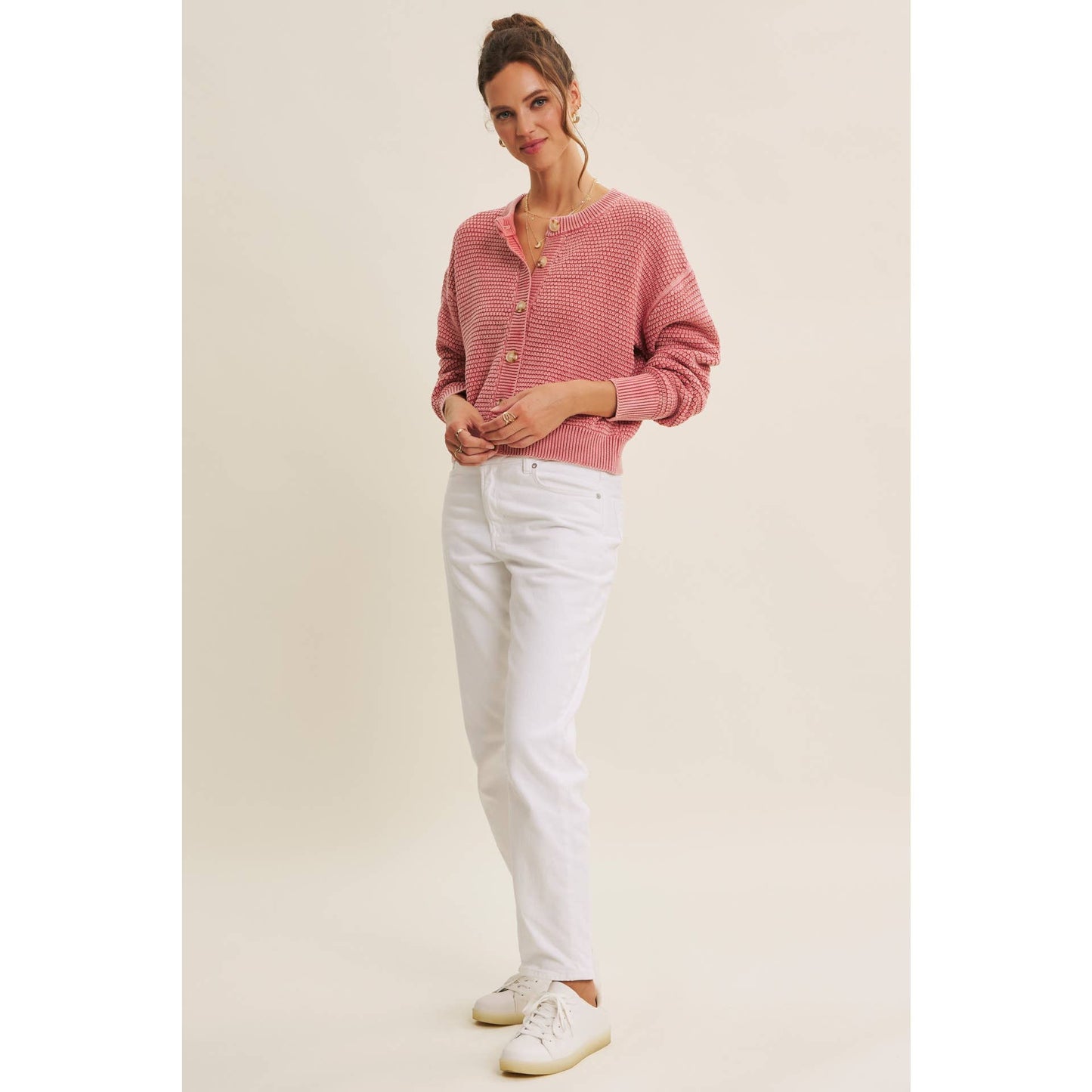 PERFECT FOR ANY SEASON MINERAL-WASHED CABLE KNIT CARDIGAN: PALE MAUVE / S