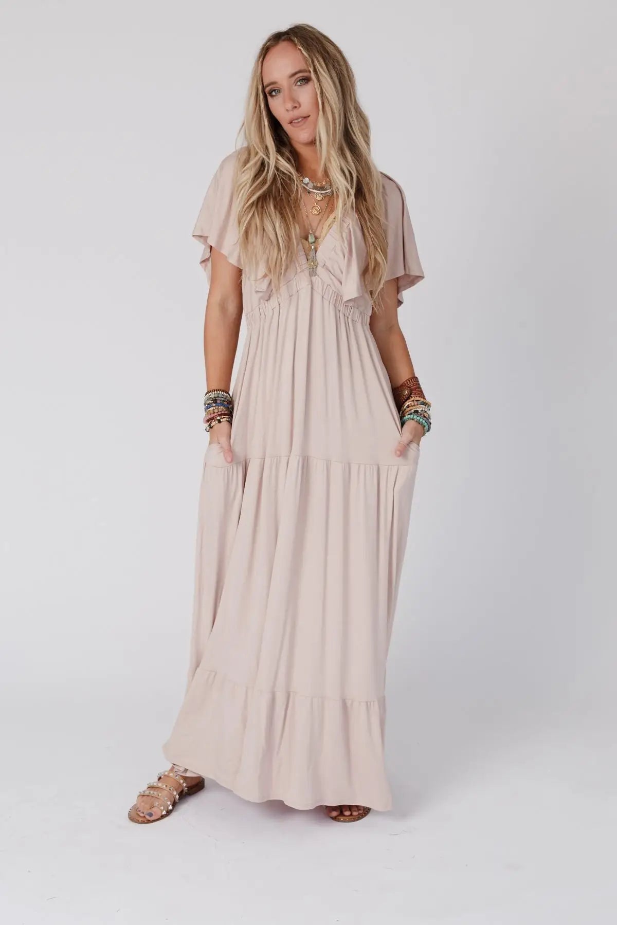 ON REPEAT OPEN BACK RUFFLE MAXI DRESS - SAND