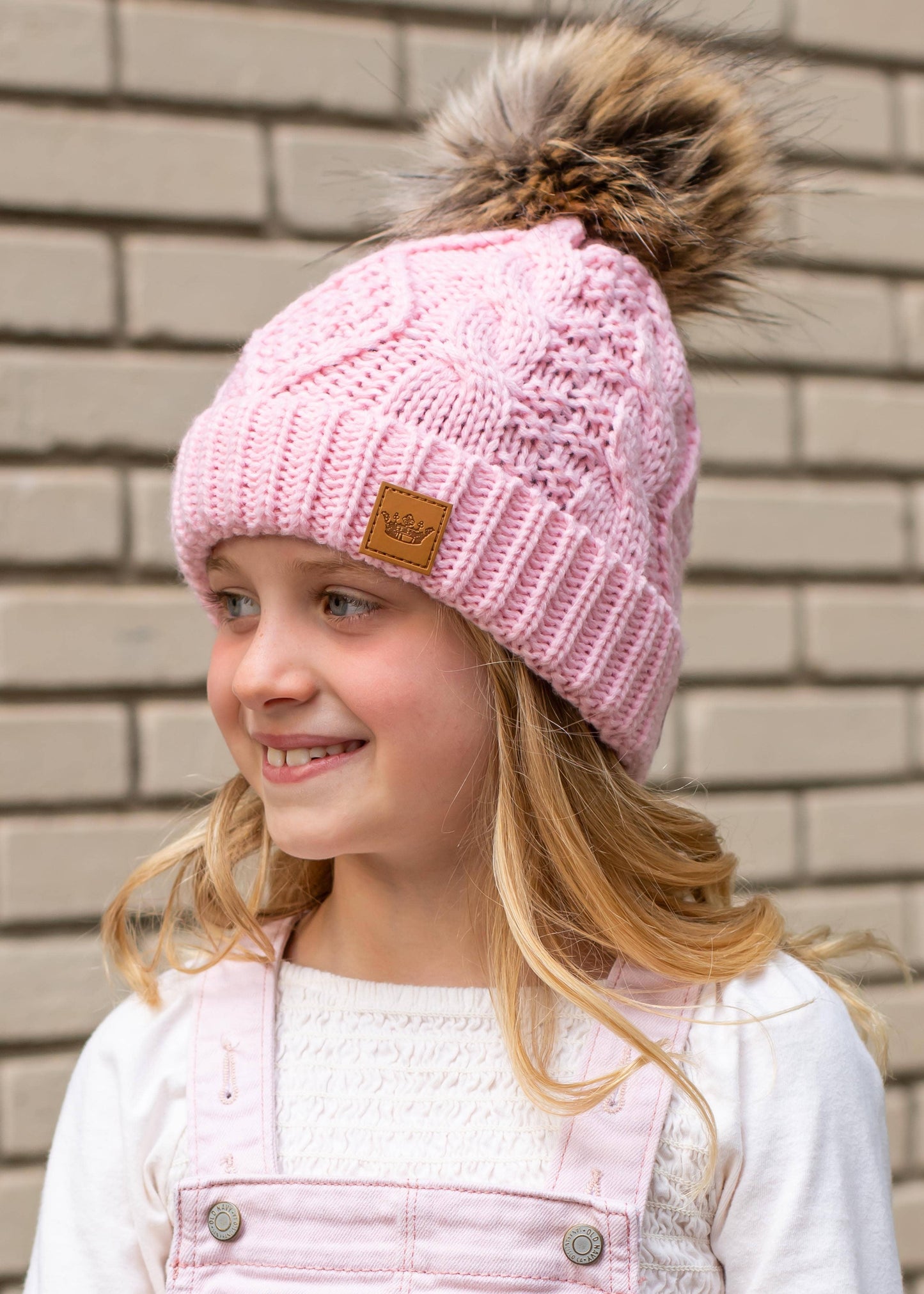 KIDS PINK CABLE KNIT POM HAT