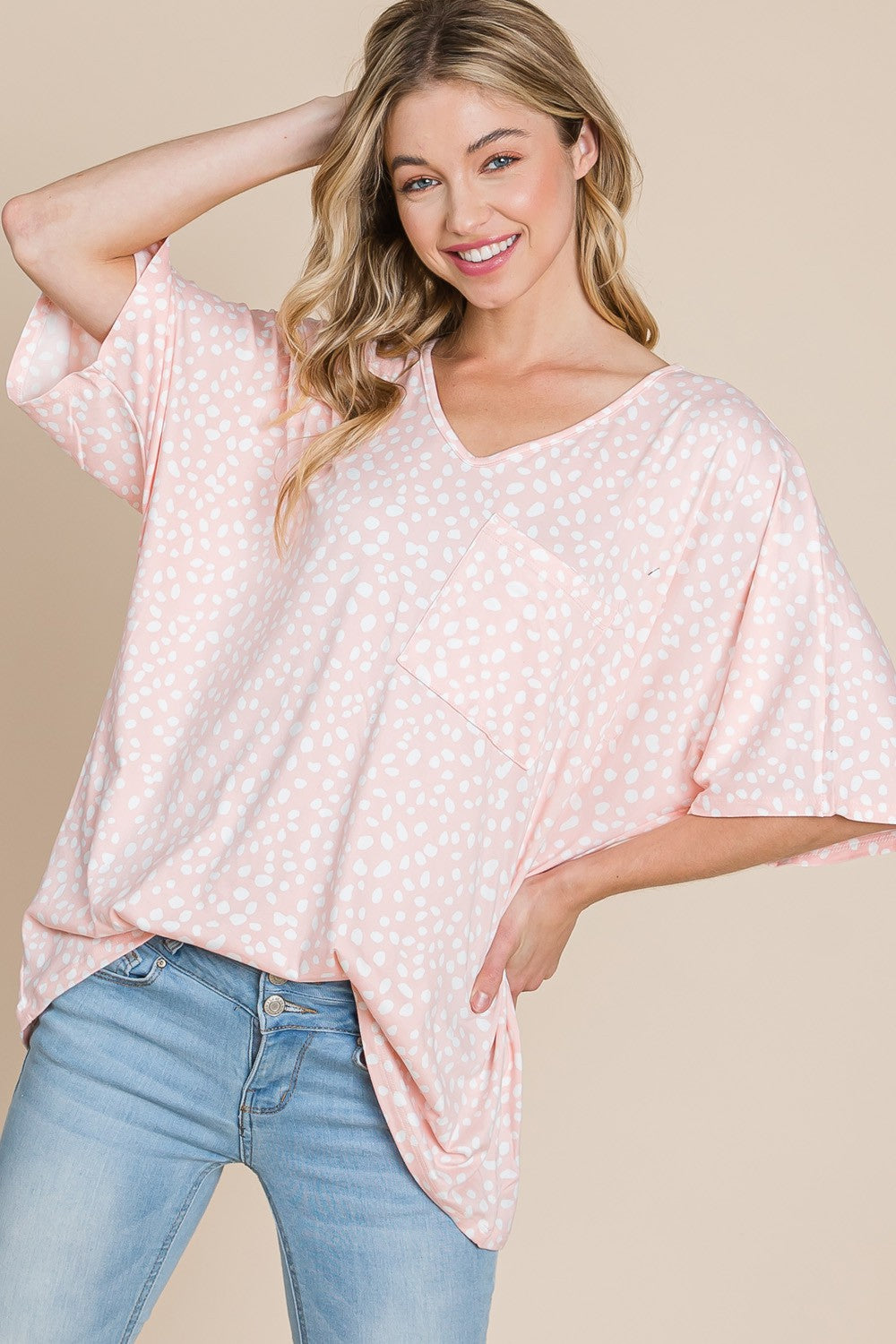 PLUS LEOPARD PRINT V-NECK LOOSE FIT TOP - PEACH