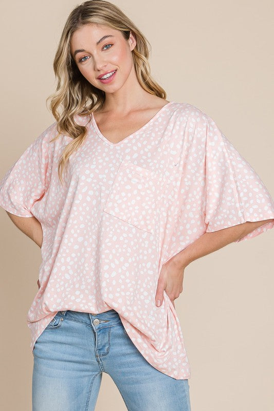 PLUS LEOPARD PRINT V-NECK LOOSE FIT TOP - PEACH