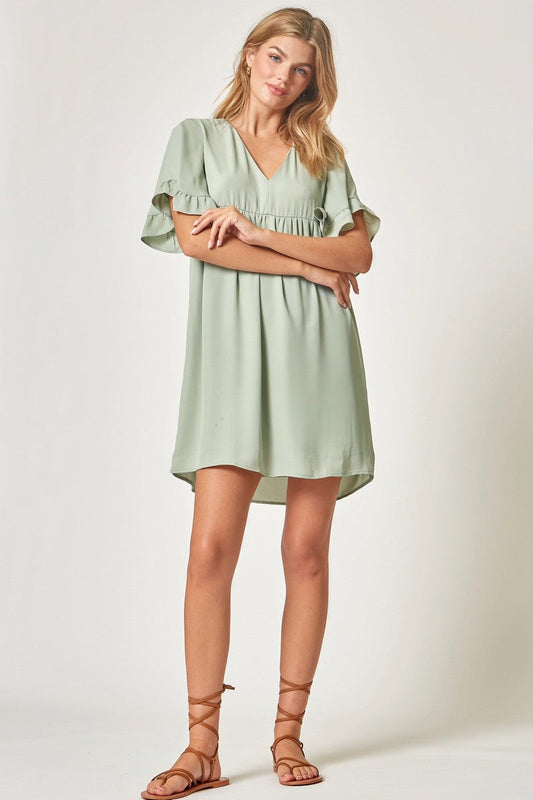 BELL SLEEVED BABYDOLL DRESS - SAGE