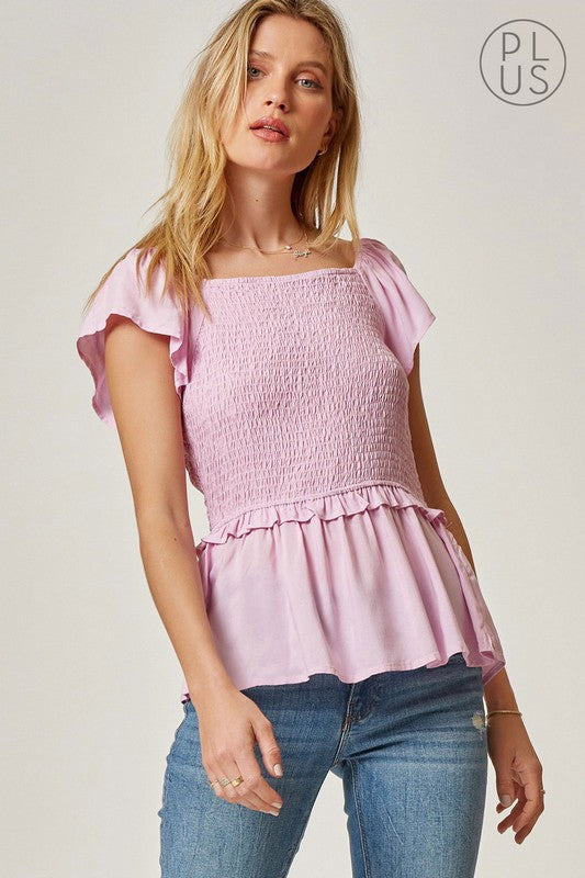 PLUS SMOCKED TOP - LAVENDER