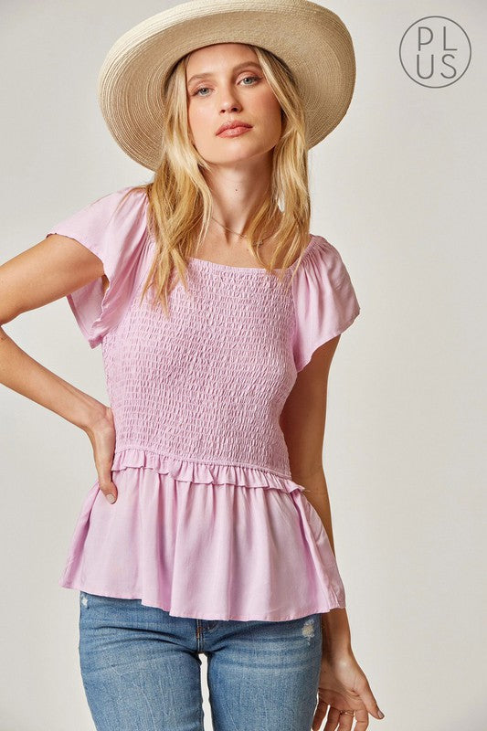 PLUS SMOCKED TOP - LAVENDER