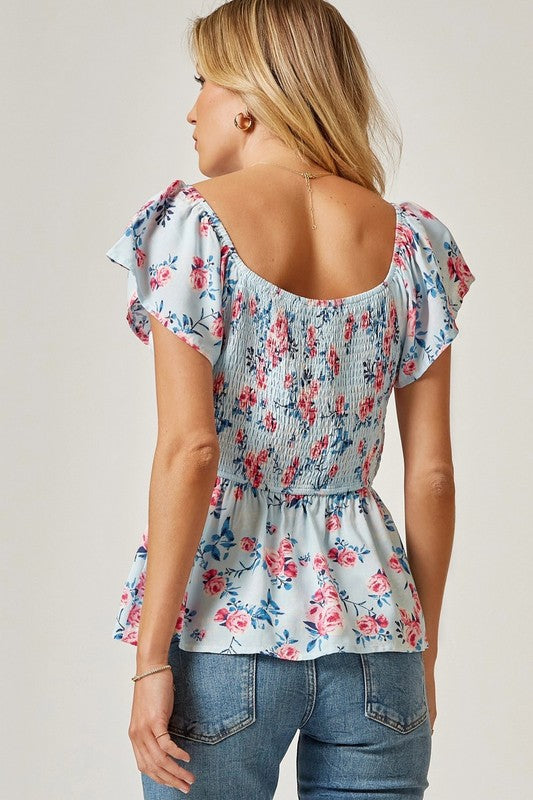 PLUS FLORAL PRINTED SMOCKED TOP - LIGHT BLUE