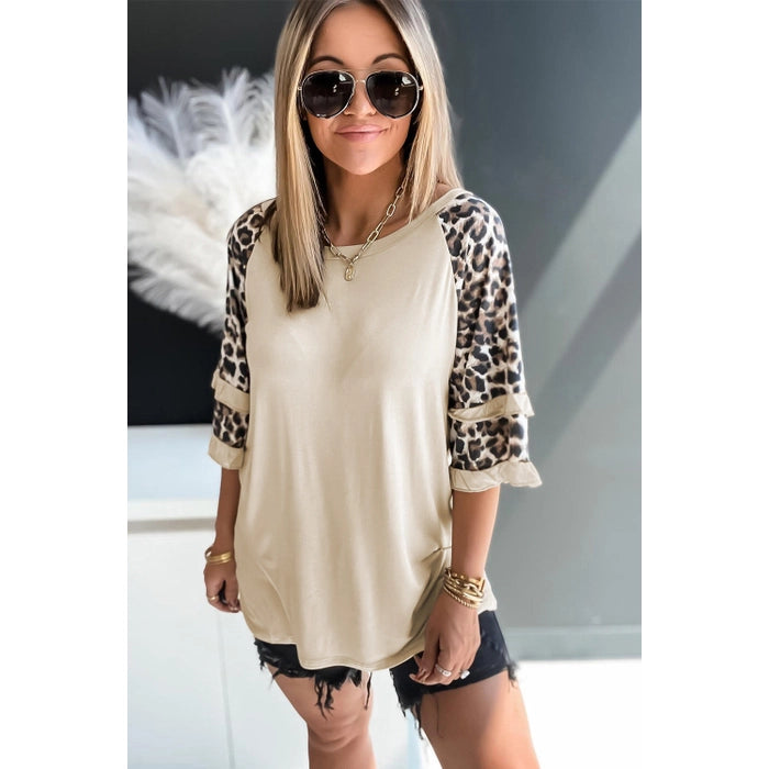 RUFFLED LEOPARD SLEEVE PATCHWORK TOP - APRICOT