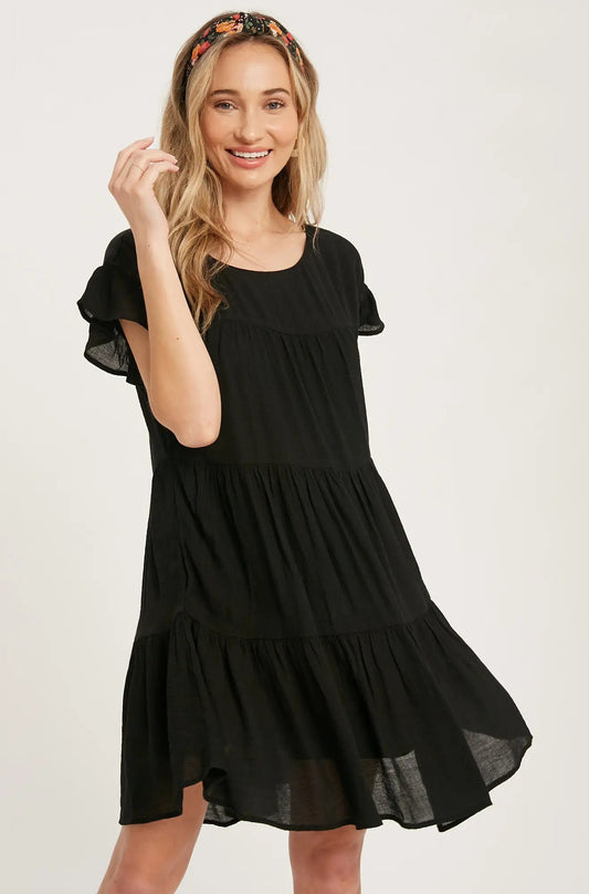 RUFFLE HEM TIERED BABYDOLL DRESS - BLACK