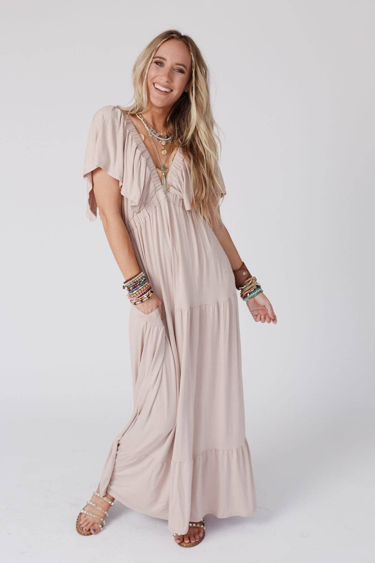 ON REPEAT OPEN BACK RUFFLE MAXI DRESS - SAND