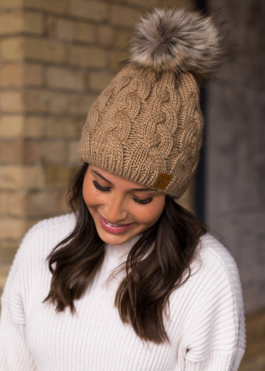 TAN BRAIDED KNIT POM HAT