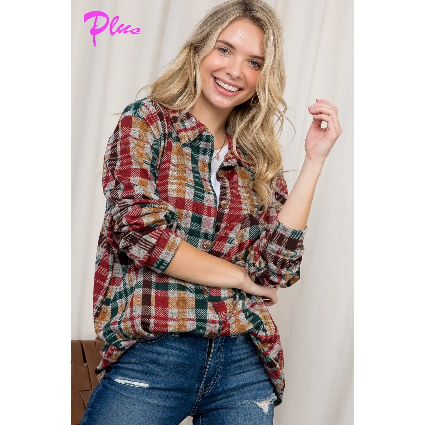 FUZZY PLAID BUTTON DOWN SHACKET