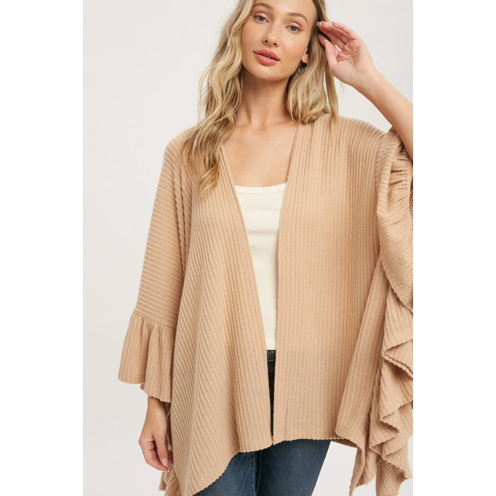 BRUSHED WAFFLE RUFFLE HEM CARDIGAN