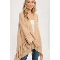 BRUSHED WAFFLE RUFFLE HEM CARDIGAN