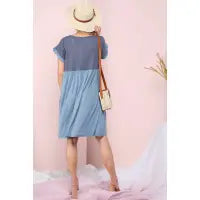 THERMAL CONTRAST YOKE DETAILED DRESS - DENIM BLUE