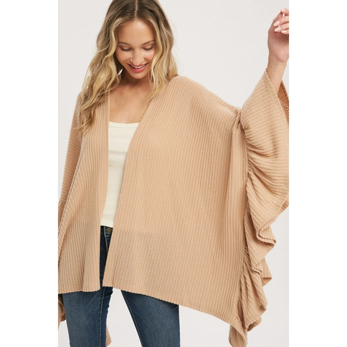 BRUSHED WAFFLE RUFFLE HEM CARDIGAN