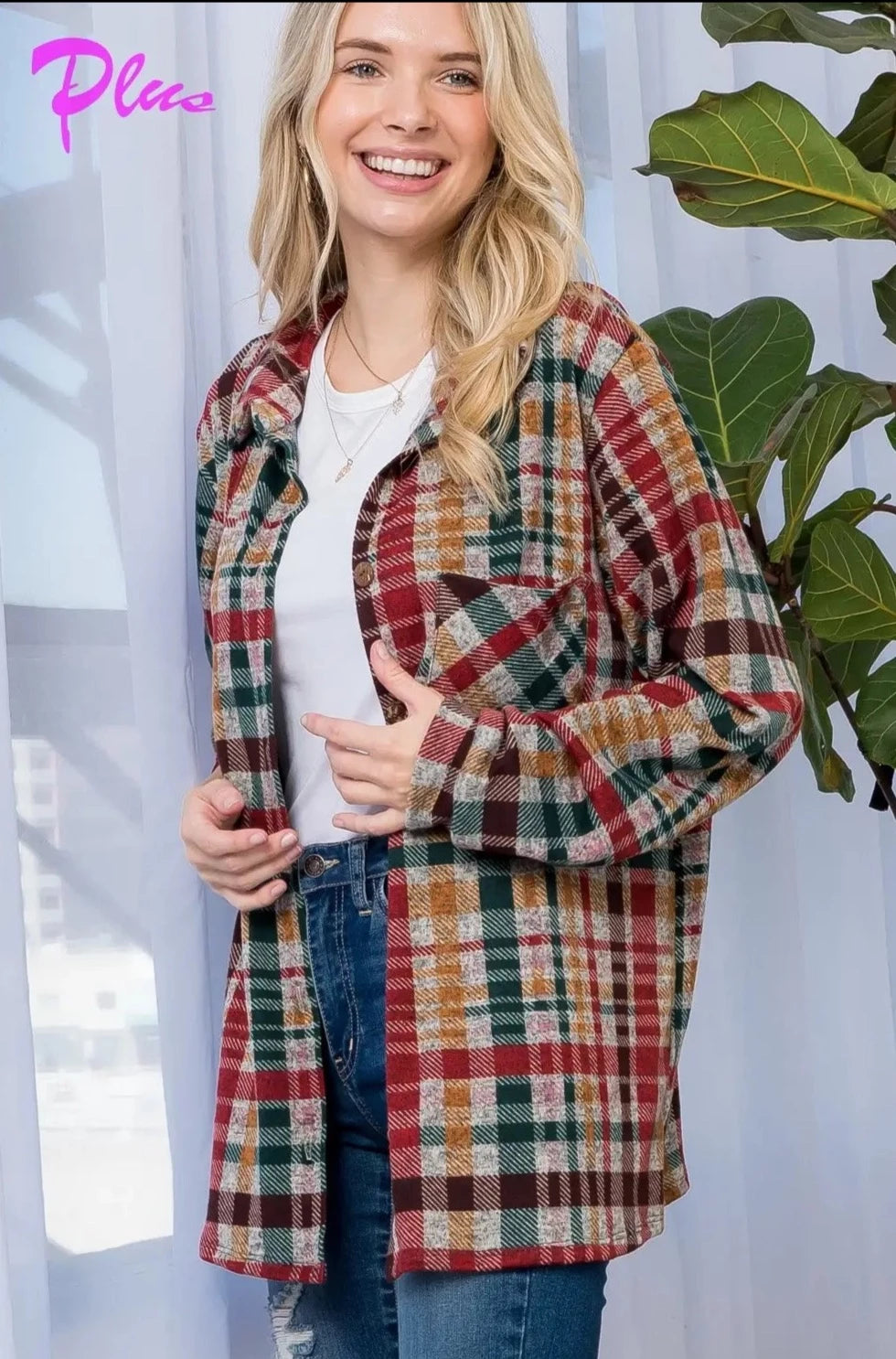 FUZZY PLAID BUTTON DOWN SHACKET