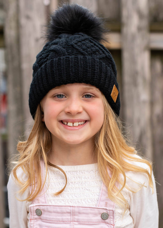 KIDS BLACK CABLE KNIT POM HAT