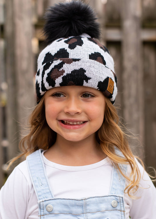 KIDS WHITE LEOPARD POM HAT