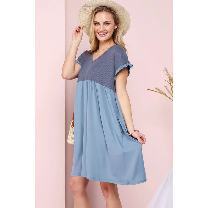 THERMAL CONTRAST YOKE DETAILED DRESS - DENIM BLUE