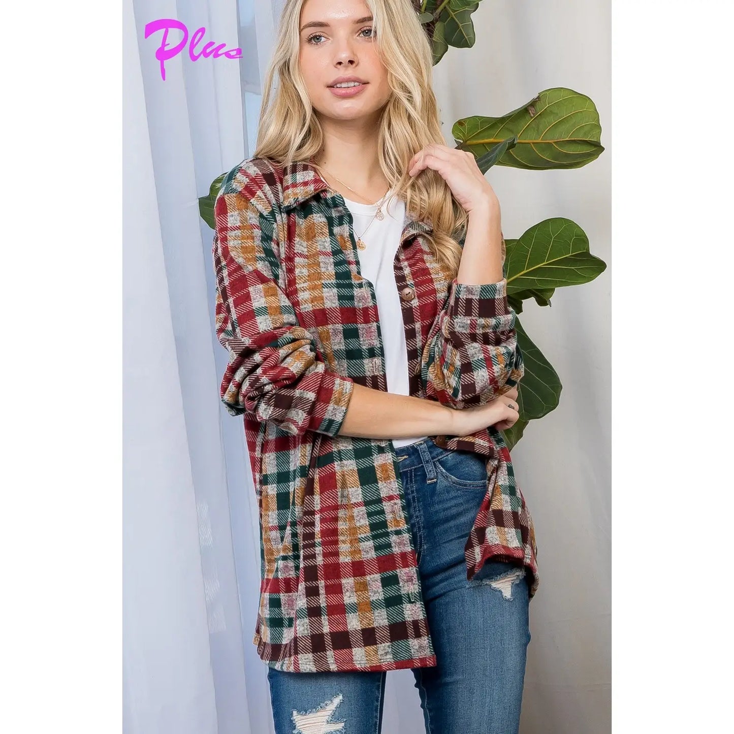 FUZZY PLAID BUTTON DOWN SHACKET