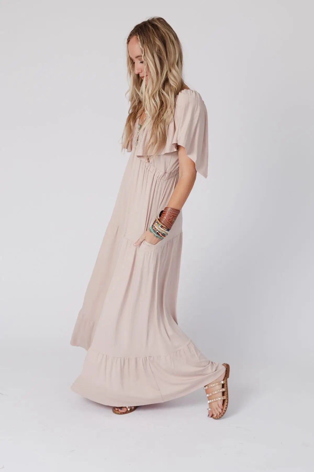 ON REPEAT OPEN BACK RUFFLE MAXI DRESS - SAND