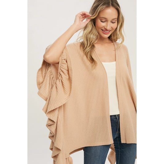 BRUSHED WAFFLE RUFFLE HEM CARDIGAN