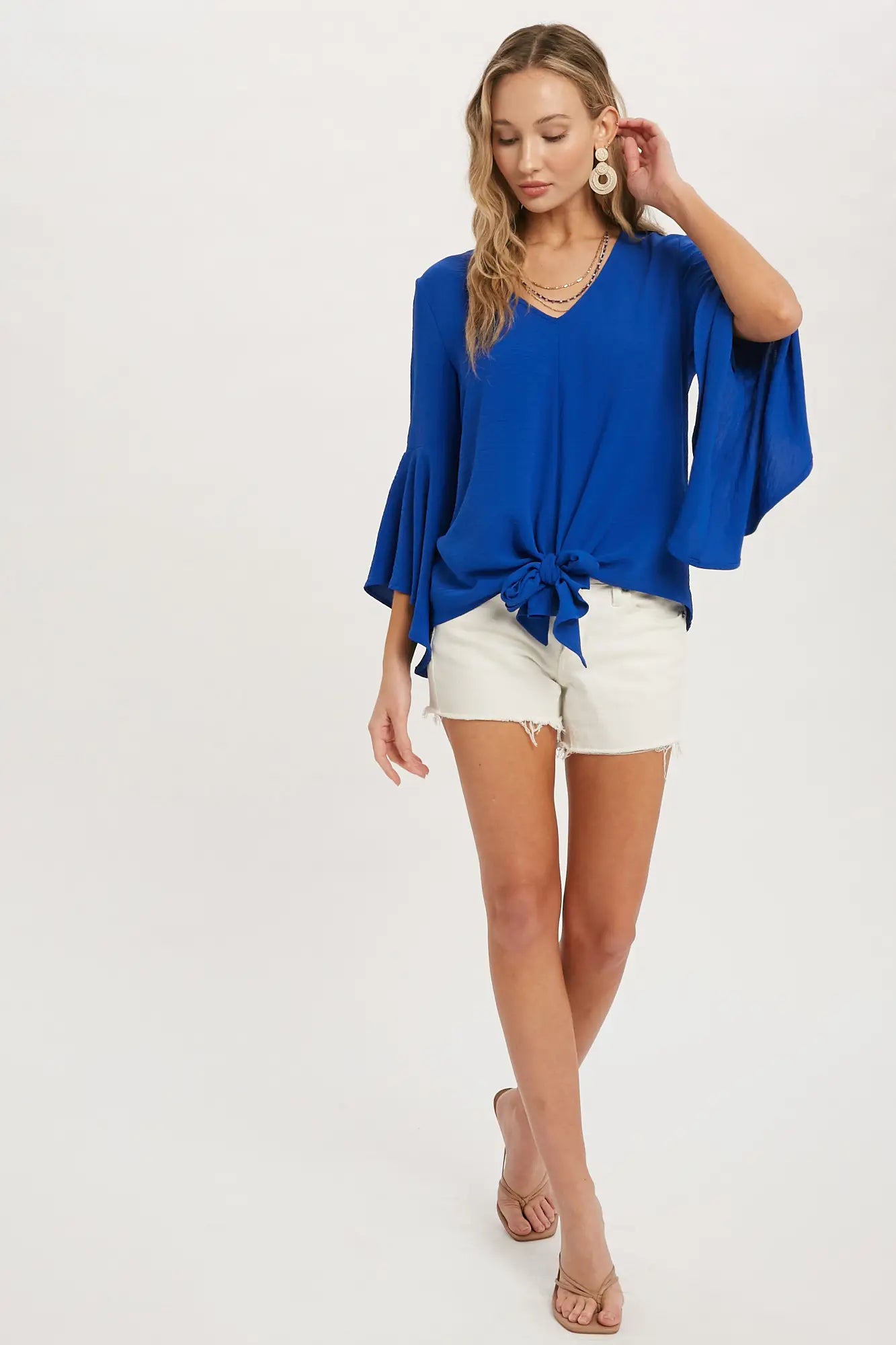 FRONT-TIE BLOUSE WITH BELL SLEEVES - ROYAL