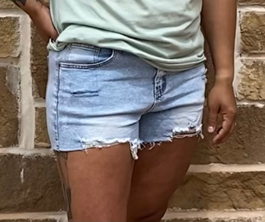 HIGH WAISTED DISTRESSED POCKETS WASHED DENIM SHORTS