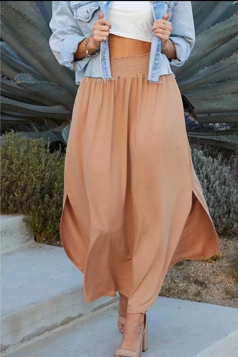 SMOCKING WAIST MAXI SKIRT WITH SIDE POCKET - CAMEL