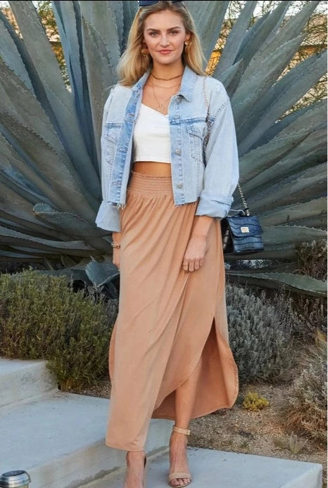 SMOCKING WAIST MAXI SKIRT WITH SIDE POCKET - CAMEL