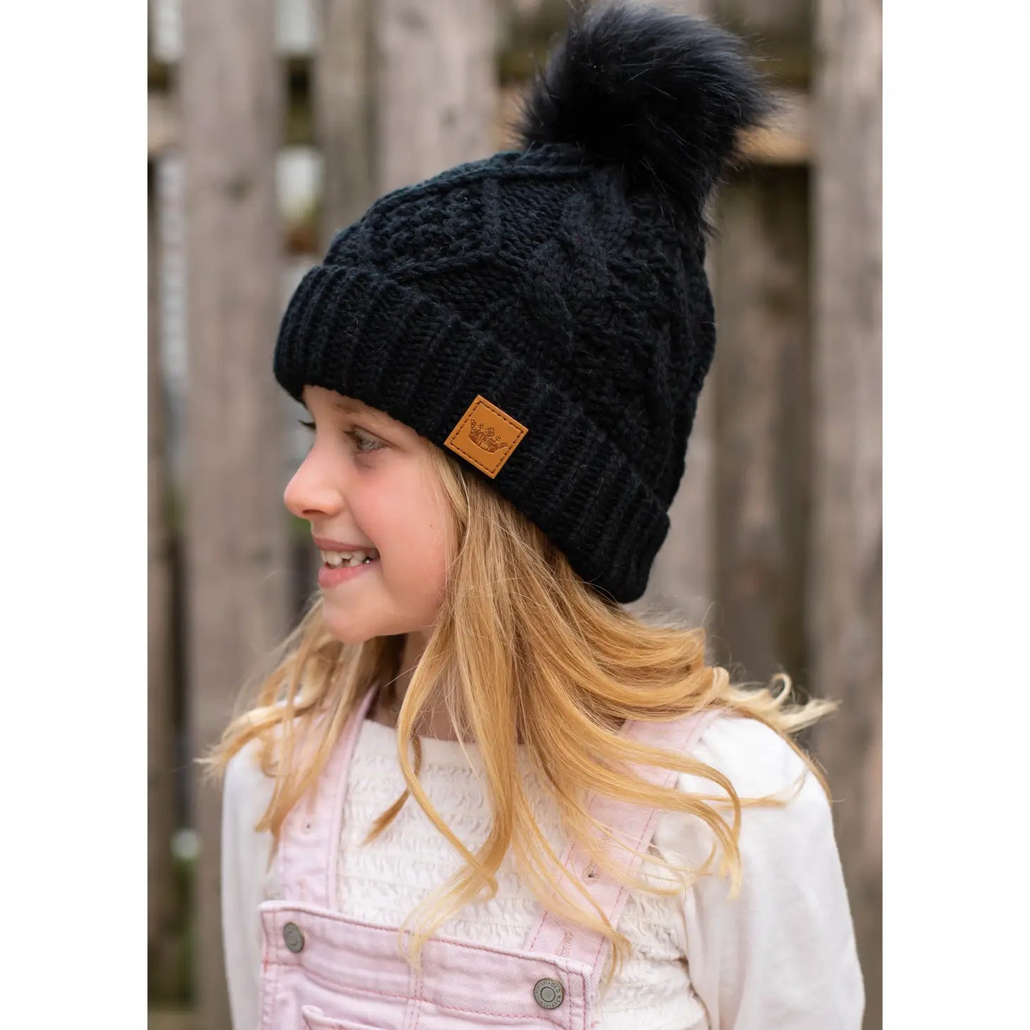 KIDS BLACK CABLE KNIT POM HAT